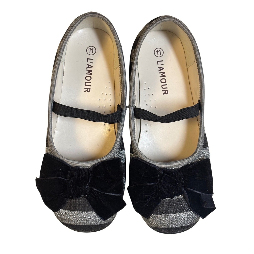 L'Amour Mary Jane Flats Girls 11 Black Silver Striped Velvet Bow Dress Shoes - Picture 1 of 10